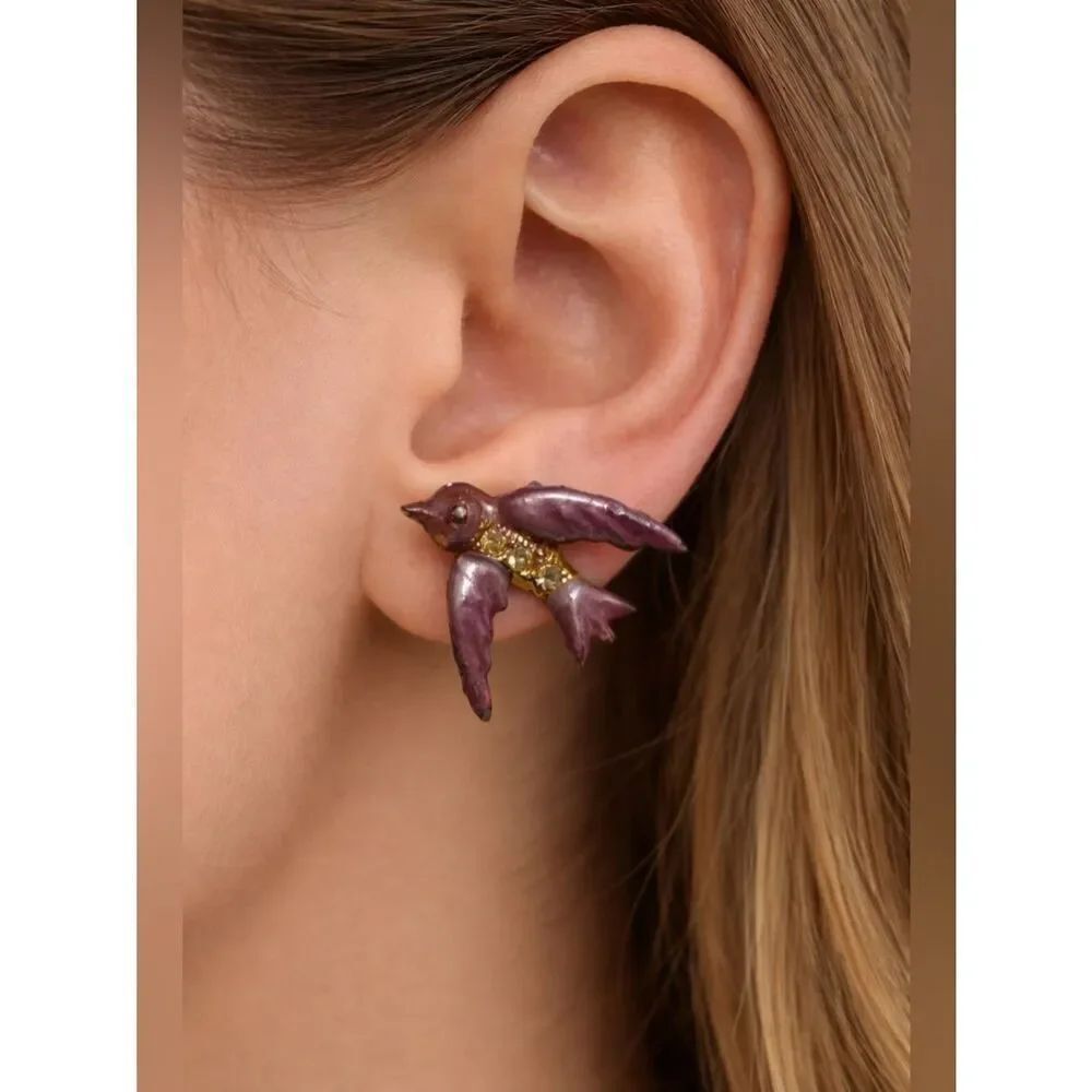 Vintage Purple Enamel Bird Earrings- clip on